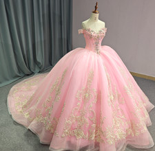 Baby Pink Quinceanera Dresses Gold Appliques Beading Sweet15 16 Party Ball Gowns