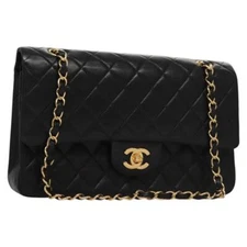 CHANEL Matelasse 25 Double Flap Chain Bag Lamb Skin Black Gold CC Auth yk17220AV