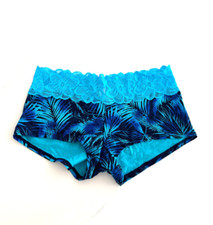 Victoria's Secret PINK Lace Trim Boyshort Panty Blue Leaves