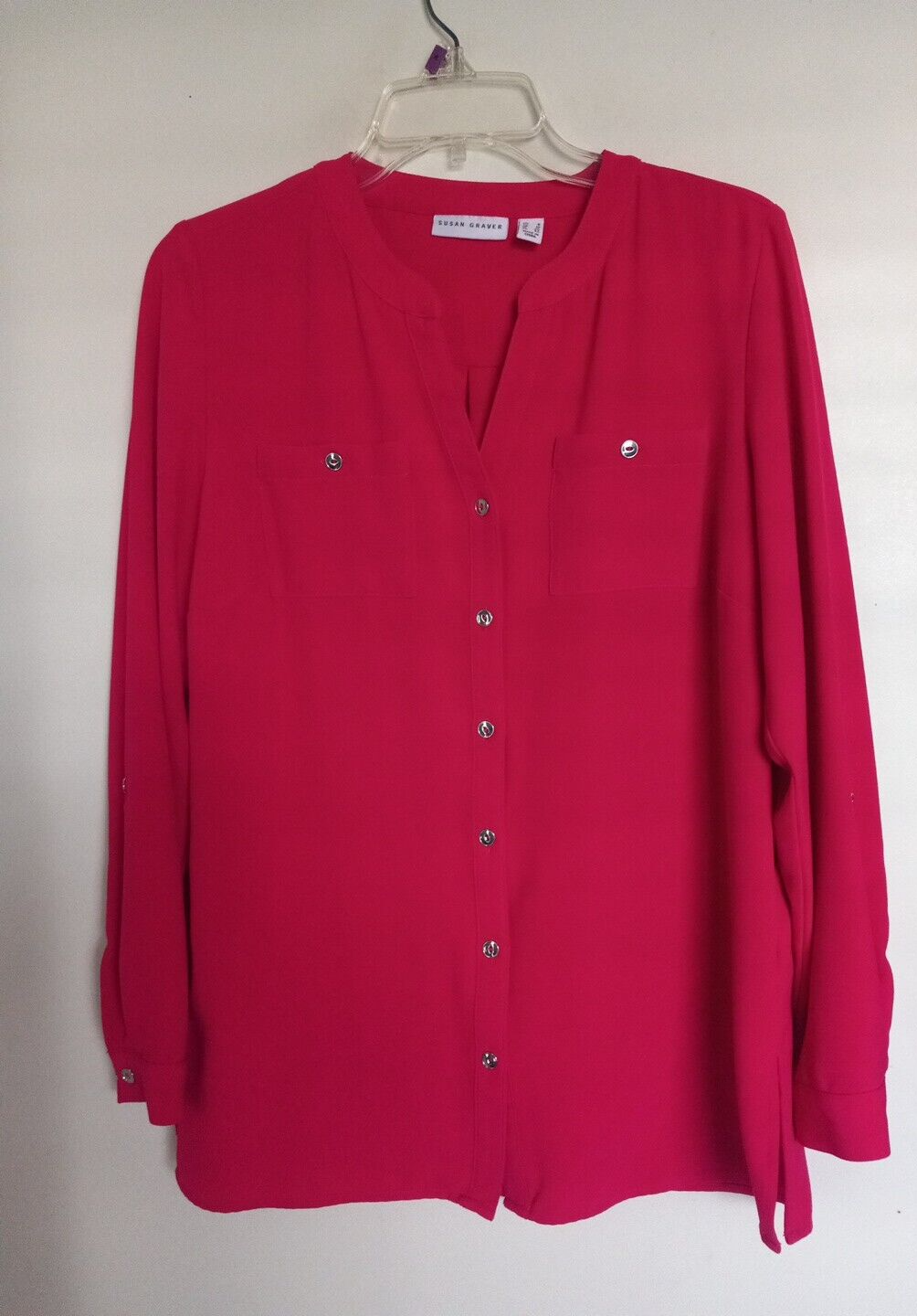 Susan Graver Stretch Woven Pink Long Sleeve Button Front Shirt Size 6  