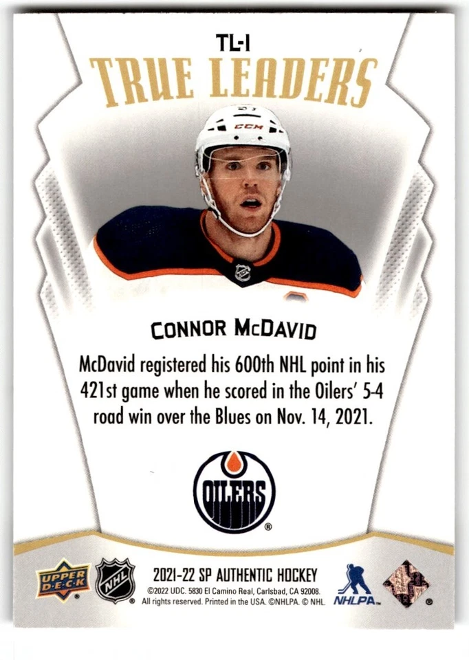 2021-22 SP Authentic True Leaders Connor McDavid #TL-1 Edmonton Oilers - Image 2 of 2