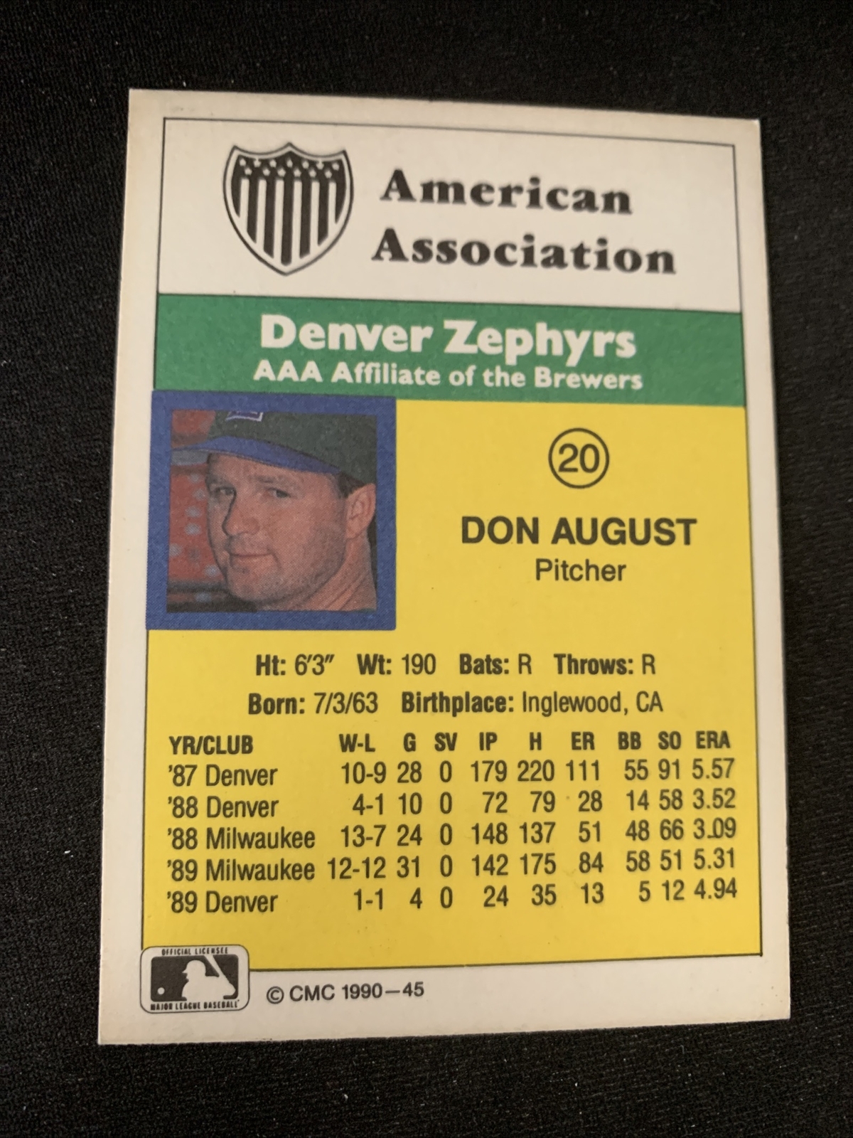1990 CMC Denver Zephyrs Triple AAA Minor League RC Card 20 Don August