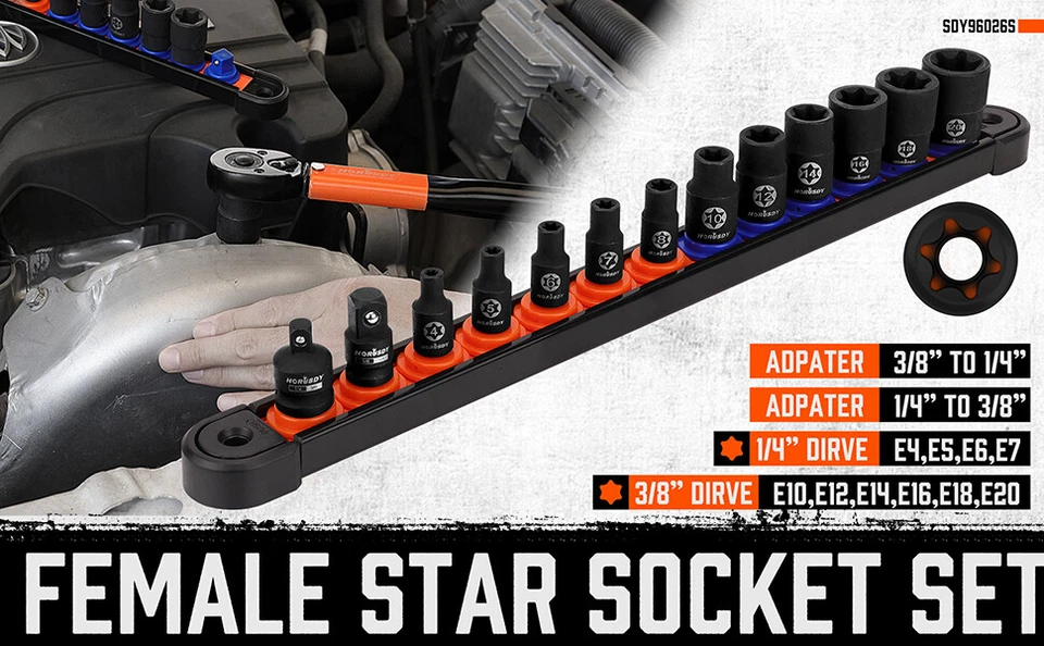 13PC Female E Torx Star Socket Set External E4-E20 Torque 3/8" 1/4" Swivel  Rail - Image 2 of 4