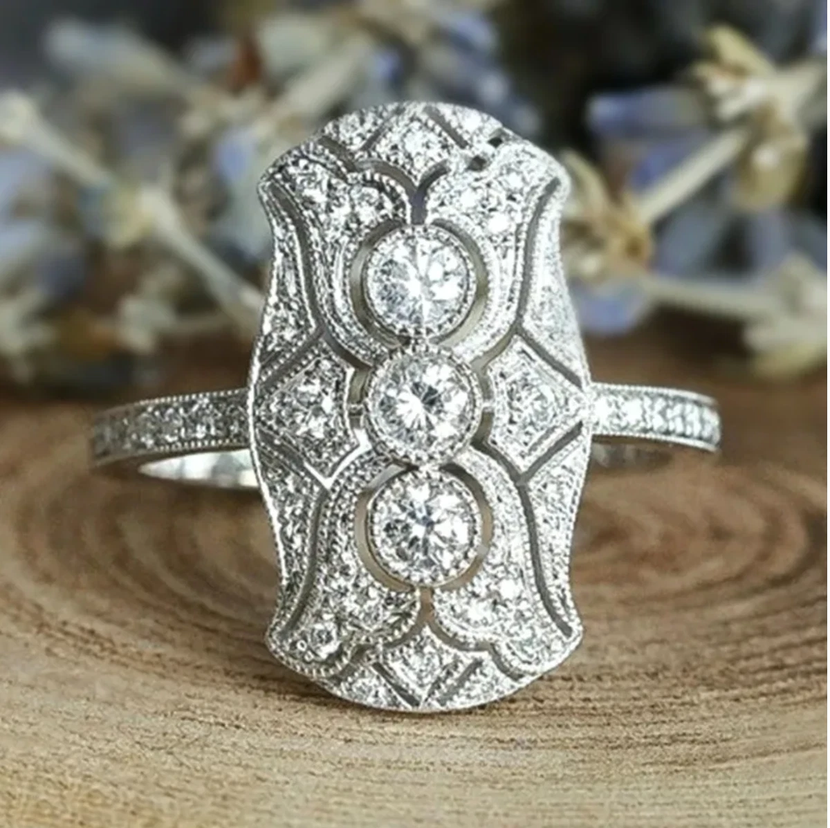 Edwardian Antique Style Lacy Silver Ring cocktail filigree Gatsby