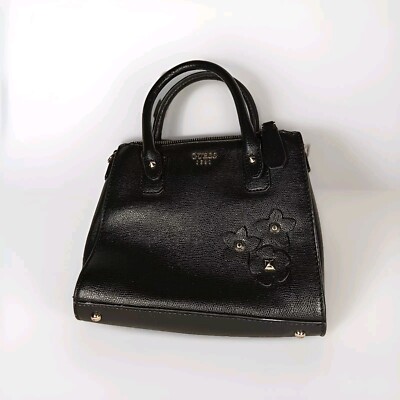 Guess Handbag 1981 3 Pocket Black Leather  Liya Petite Girlfriend Satchel