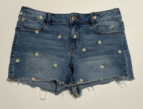 SO Size 14 Denim Shorts Embroidered Daisy Jean Frayed Shortie Stretch Girls