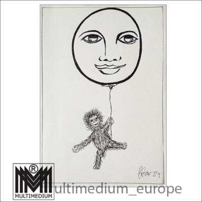 Original ink drawing Gisela Geser title A monkey hanging on a balloon  