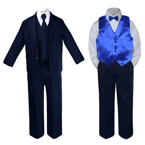 Hermosala New Baby Toddler Boys Teen 7pcs NAVY Formal Suit + Color Vest & Bowtie - Picture 4 of 18