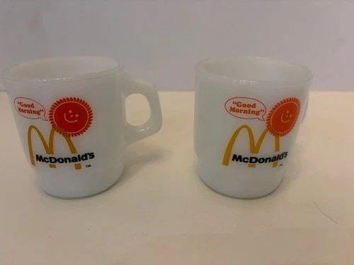 Vtg Anchor Hocking Set Of 2 McDonald's Good Morning Coffee Mug White Milk Glass