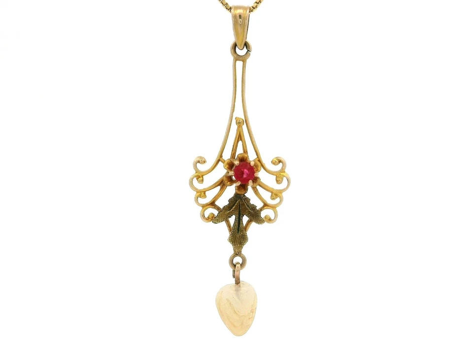 Antique Art Nouveau 10k Yellow Gold Ruby Baroque Pearl Lavalier Pendant Necklace - Image 3 of 4