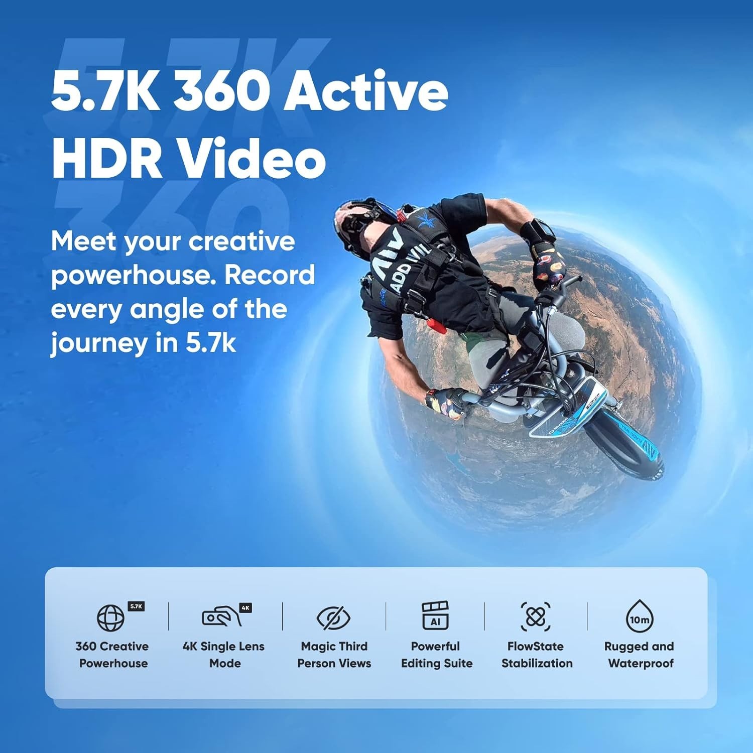 Waterproof 360 Action Camera Motorcycle Kit 5.7K HDR Stabilization