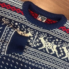 Vintage 1879 Dale of Norway Reindeer Fair Isle Ski Sweater Mens L Blue Wool EUC
