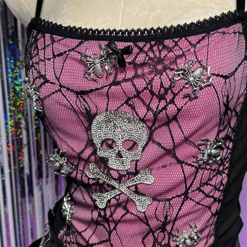 Débardeur Y2K Grunge Emo Noeud Araignée Crâne Goth Streetwear Tendance - Bild 5 von 14