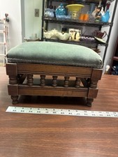 Antique Victorian Spindle Footstool 12” Wood Upholstered Bench 1900s