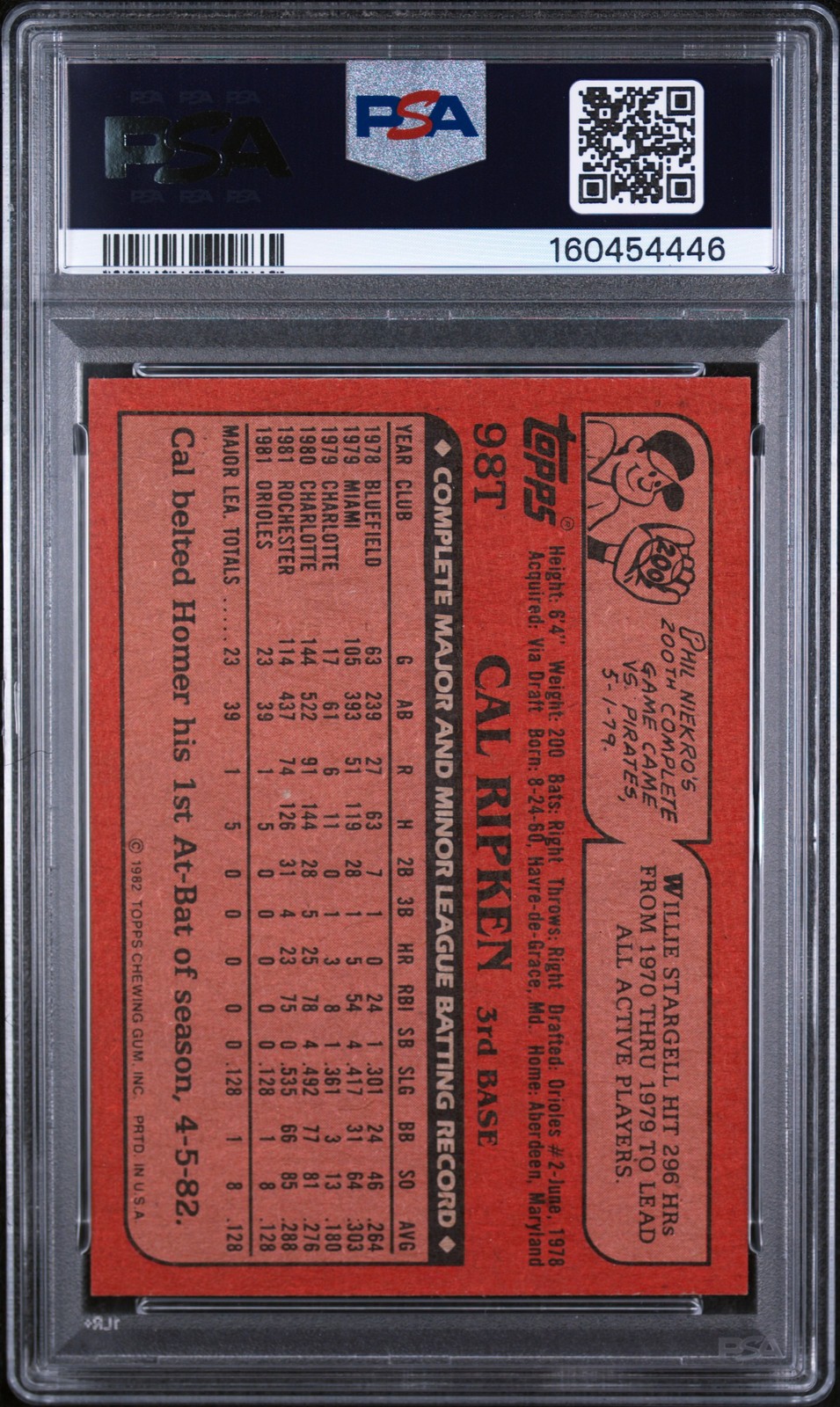 1982 TOPPS TRADED #98T CAL RIPKEN JR. ROOKIE RC PSA 9 view 2