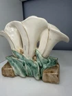 Vintage McCoy Pottery Triple Calla Lily Vase - 1940s Art Deco White/Green/Brown