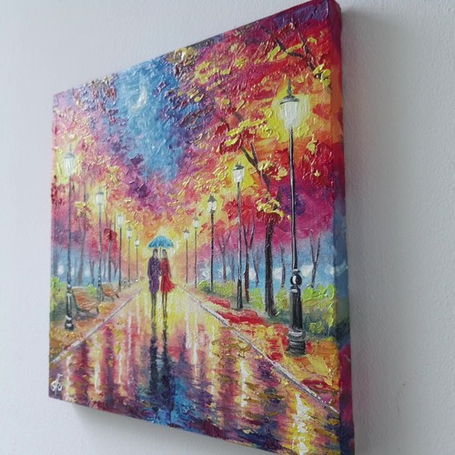 Original Oil Painting Vibrant Autumn Park Scene Couple Umbrella Canvas Wall Art - Picture 20 of 24