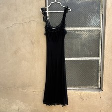 Vintage 1930s 1940s Black Rayon Knit Slip Dress Lace Trim Maxi Full Length