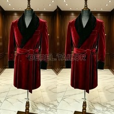 Men Burgundy Velvet Smoking Robe Quilted Black Shawl Lapel Luxury Evening Jacket
