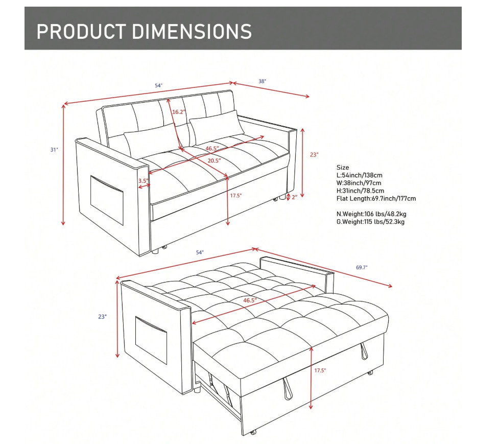 3 In 1 Convertible Sleeper Sofa Bed, Futon Couches For Living Room With Side Poc