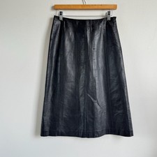 Vintage Black Bonded Leather High Waist A-Line Midi Skirt - Fits M