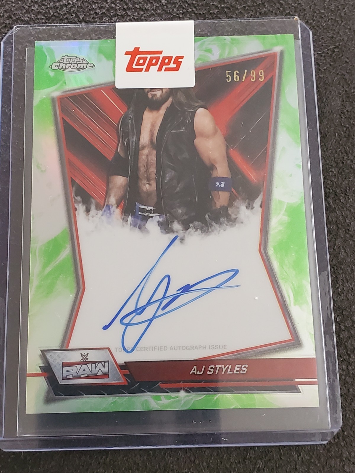 AJ Styles 2026 Topps Chrome WWE Red Brand Green Refractor On Card Auto /99