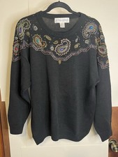 VTG Victoria Harbour Women  s Size L Paisley Beaded Black Ramie Cotton Sweater