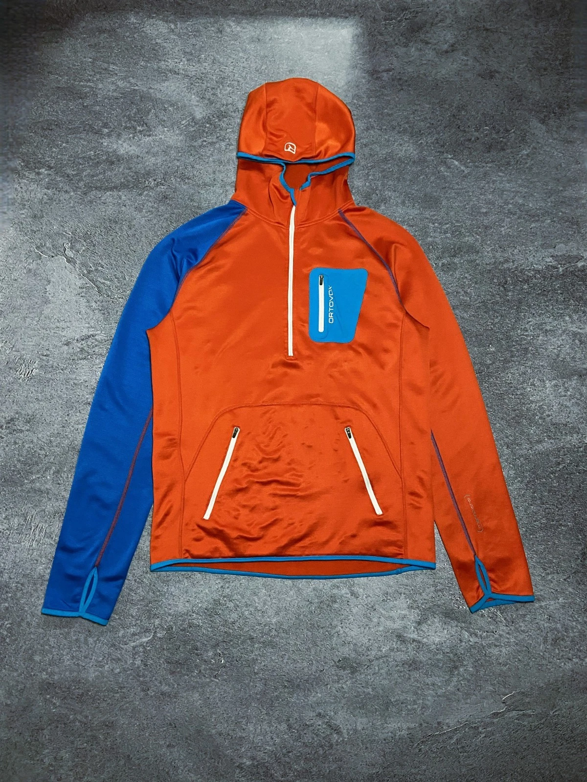 ORTOVOX Merino Fleece Hoody Mens Size XL Orange Blue 1/2 Zip Hooded Outdoor Ski