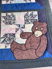 Quilt handmade vtg Bear Paw Crib Blanket Teddy Bear Applique 43" x 43" 80s