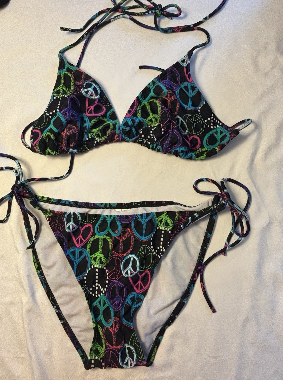 Women’s Black Peace Sign Print Triangle Halter Bikini Set 2-Piece M/L