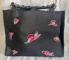 Red Hat Society Purse With Embroidered Hats on Front Bamboo Plastic Handles