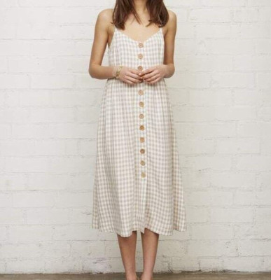 EUC RACHEL PALLY Clare Gingham Check Beige Natural Linen Midi Button Dress Sz M