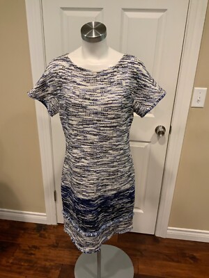 St. John Blue & White Short Sleeve Tweed Dress, Size 8