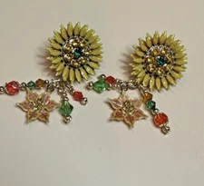 Lunch At The Ritz LATR 2Go Enamel Rhinestone SUNFLOWER Floral Dangle EARRINGS
