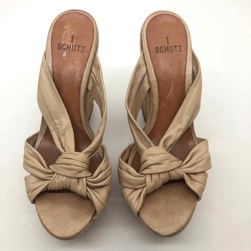 Schutz front knot tan beige wedge high sandal leather open toe summer women 8 - Picture 2 of 7
