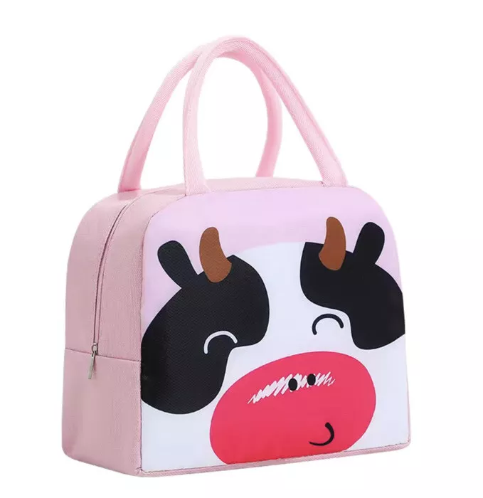 Insulated Lunch Bag Cow Pink Lunch Box School Kids Cute Cartoon