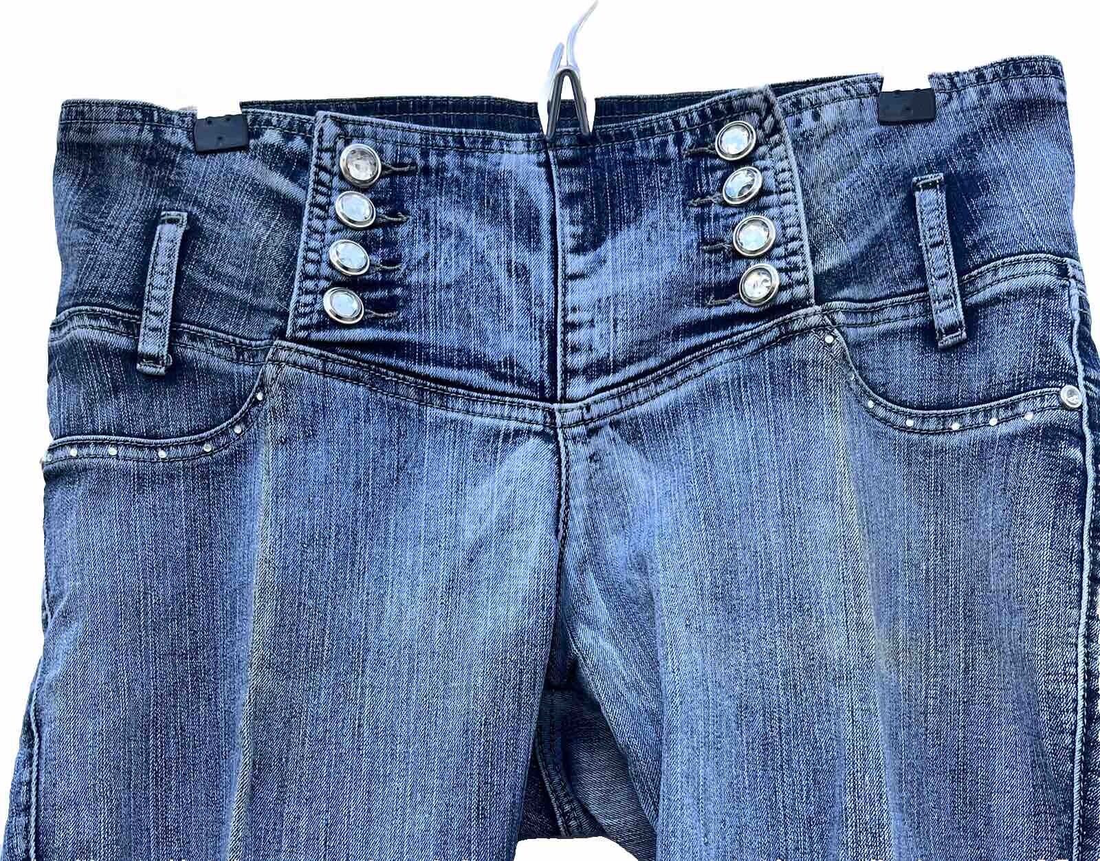 Women's Retro Y2K Blue Denim Jeans Dark Wash Rhinestone Side Button Fly-image