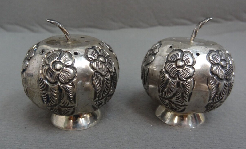 Vintage Sterling Silver Pumpkin Shape Floral Salt & Pepper Shaker Set