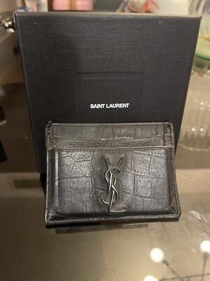 YSL Saint Laurent Crocodile Embossed Black Leather Card Holder