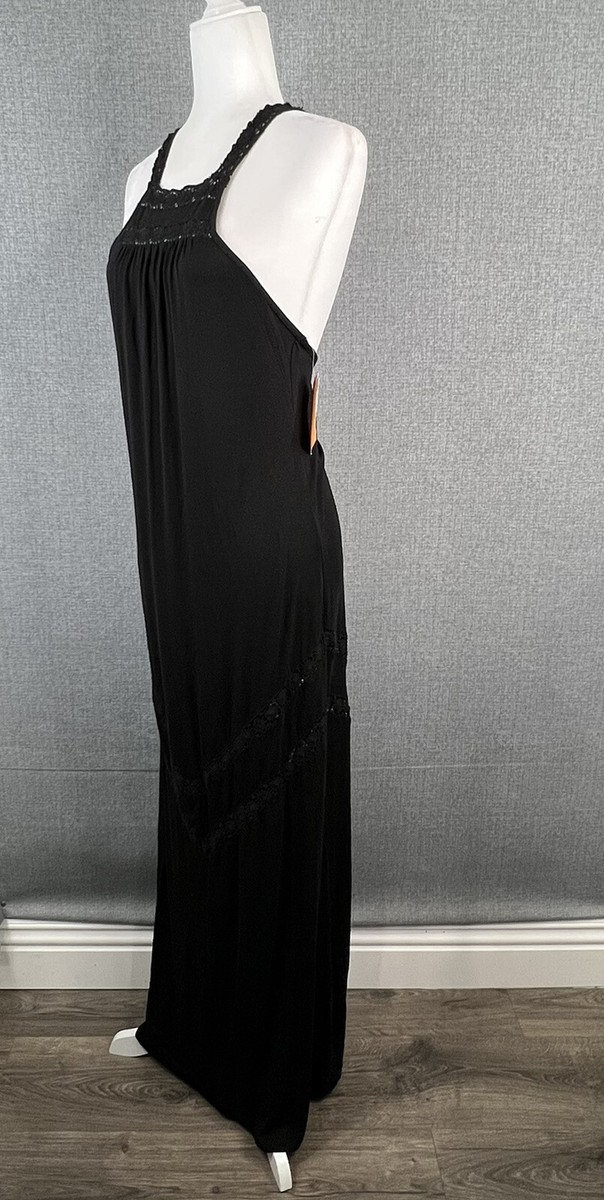 rip curl crochet dress Rip Curl Dress Womens Medium M Juniors Maxi Dress Black Crochet Lace Boho  New