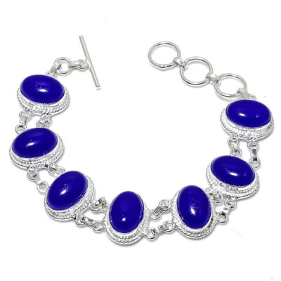 Blue Onyx Gemstone Handmade 925 Sterling Silver Jewelry Bracelet Size 7-8''