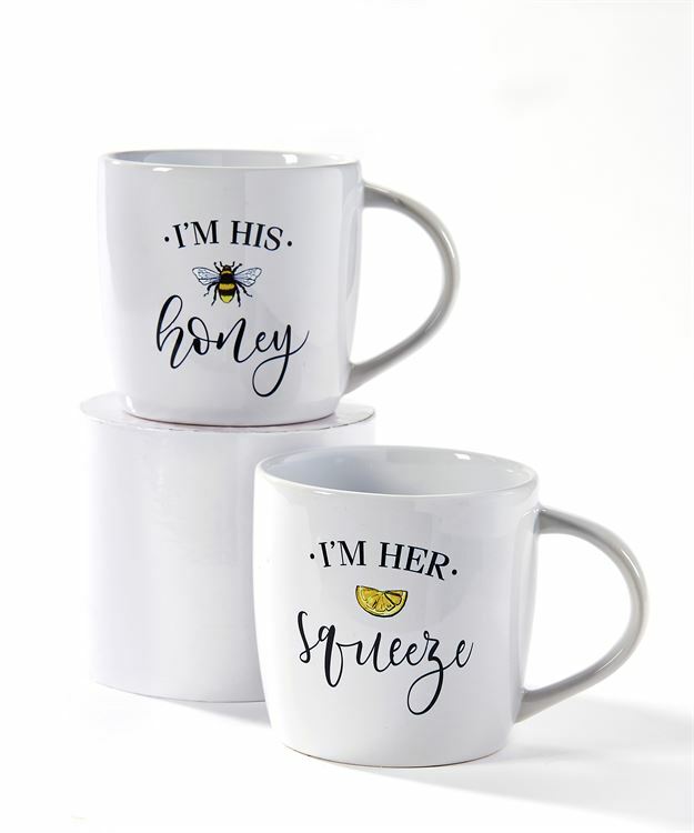 His and Her Jumbo Coffee Mugs Set of 2 with Sentiment 18 oz White Ceramic