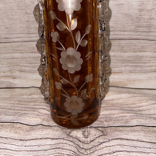 Bohemian Crystal Cut To Clear Floral Amber Vase Unique Art Glass Collectible - Picture 6 of 11