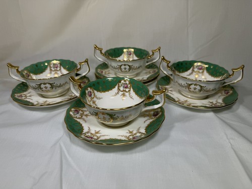 (4) Cauldon England for Henry Morgan & Co, Green & Rose Bouquet CREAM SOUP SETS - Picture 8 of 12