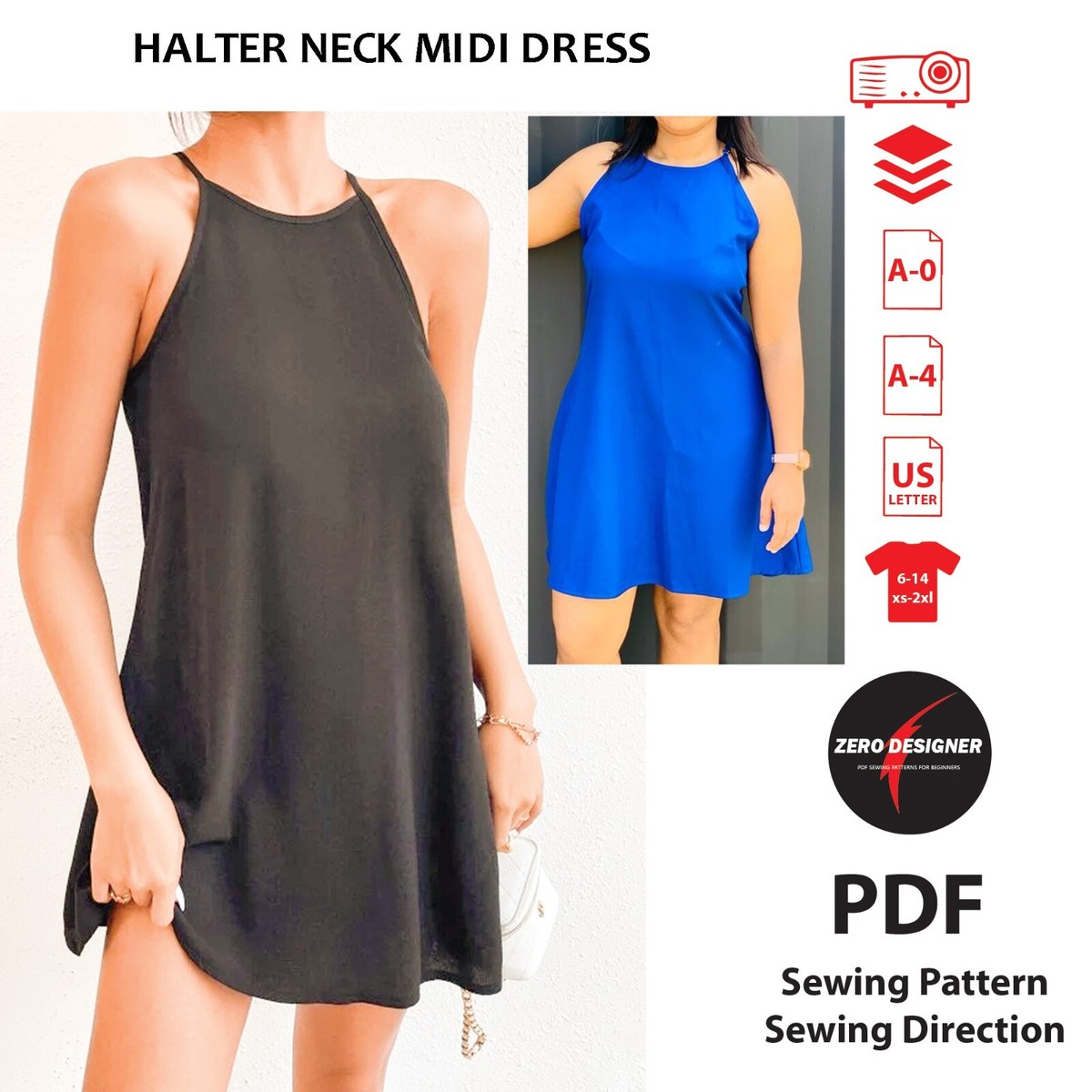 silk halter dress with folds around the neckline Adrianna Papell Women's Organza Crepe High-Low Gown - French Blue
