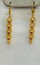 14k Solid Yellow Gold Dangle Leverback Earrings Natural Ruby Round White Stone