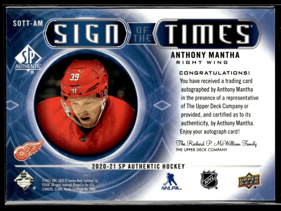 2020-21 SP Authentic Sign of the Times Anthony Mantha #SOTT-AM SM@JFC1 - Image 2 of 2