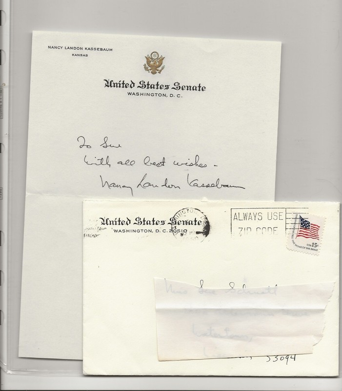 SENATOR NANCY LANDON KASSEBAUM AUTOGRAPH + ENVELOPE, 1980