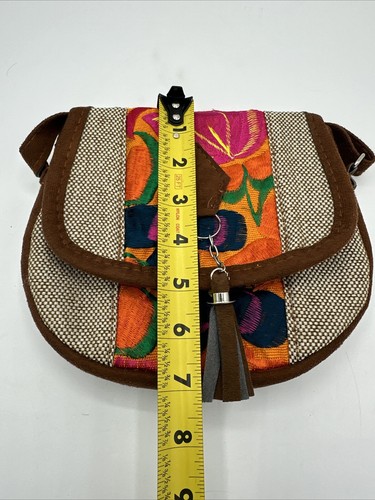 Guatemalan Suede Purse Bag Handbag Embroidered Convertible Crossbody Floral Org - Picture 12 of 12
