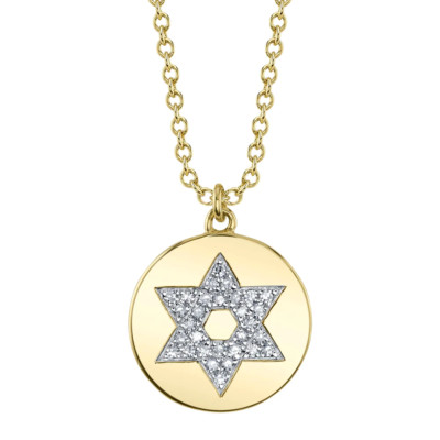 14K Yellow Gold Diamond Star Of David Necklace Natural Round Cut 0.07 CT